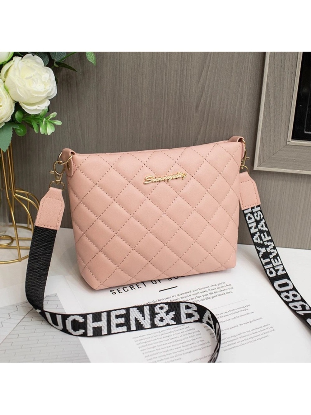 Quilted Pink Crossbody Bag with Statement Strap - Unbranded